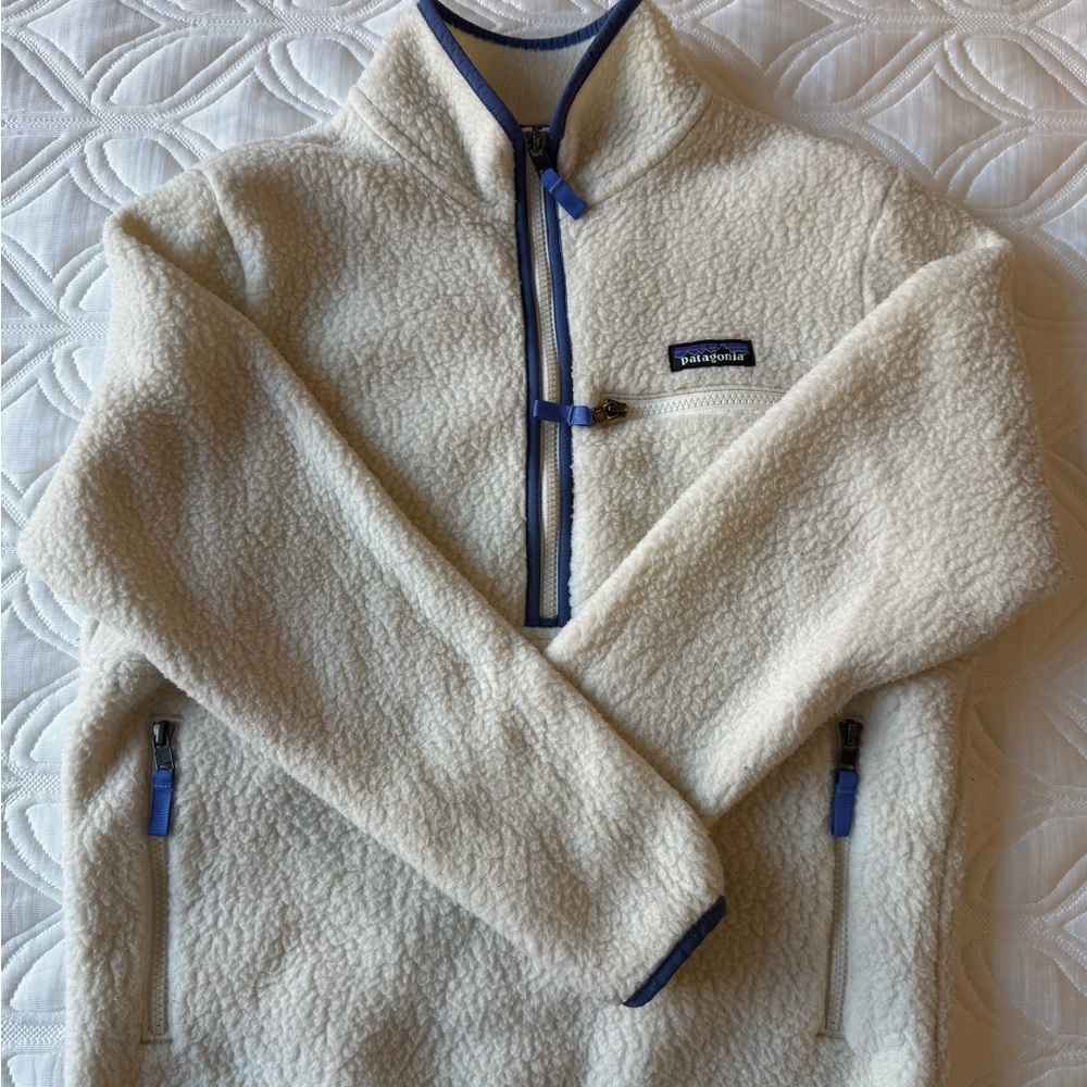 Patagonia Cream Sherpa Jacket with Blue Trim